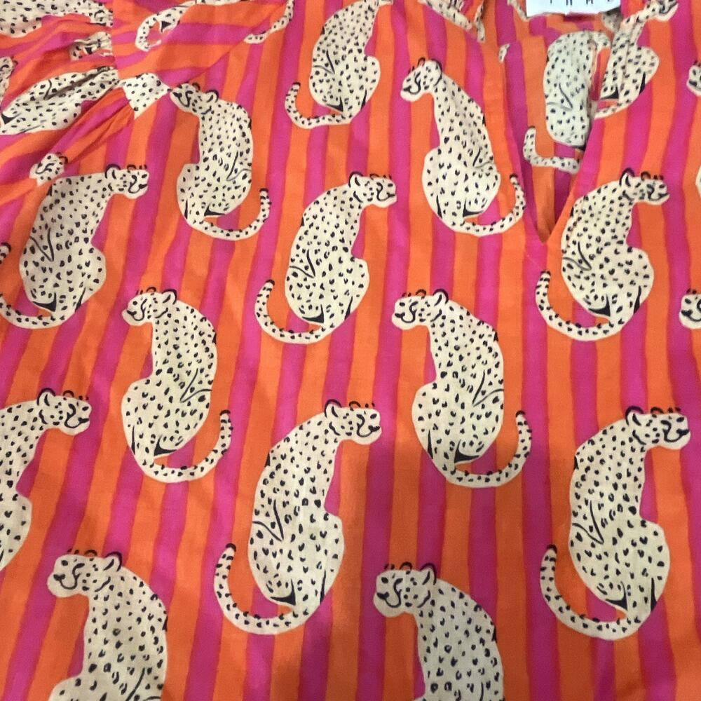 THML Animal Print Blouse Womens M Pink Orange White Puff Sleeve Round Neck - Picture 2 of 5